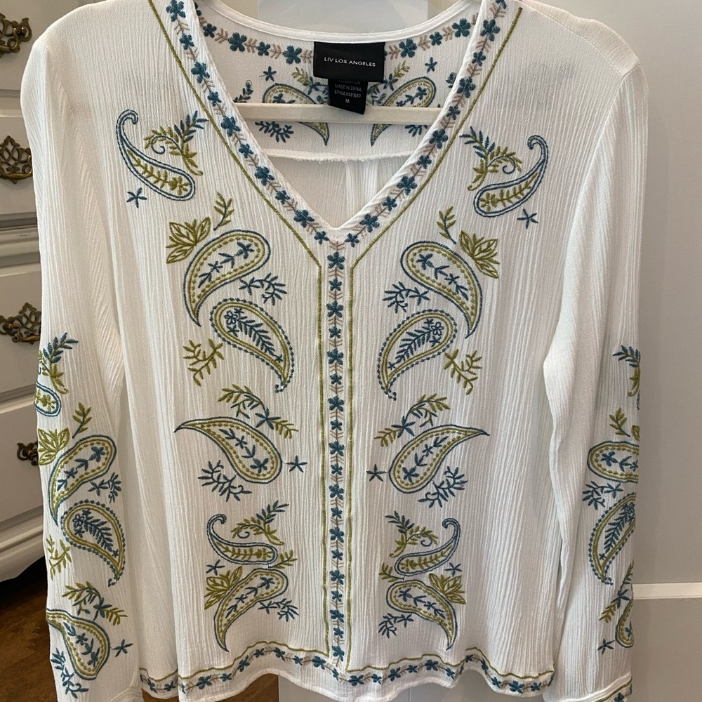 White Embroidered Embellished Long Sleeve Blouse